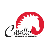 Cavallo logo, silhouette of white horse head on red background